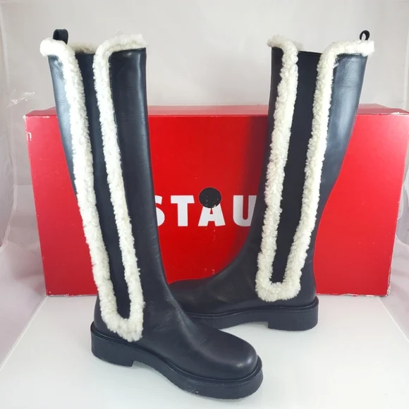 NWT$495 STAUD Women's Palamino Shearling Trim Black Cream Riding Boots Sz 36, 6 - Picture 10 of 16